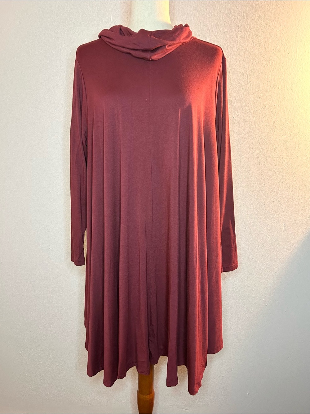 Mauve Red Long Sleeve Knit Cowl High Neck Tunic Blouse